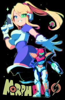 1girl absurdres adapted_costume arm_cannon armor ass assault_visor blonde_hair blue_eyes blush bodysuit breasts cheelai cheelai_(cosplay) cosplay dragon_ball dragon_ball_super english_text foxdropsdraws gun highres large_breasts long_hair looking_at_viewer metroid metroid_(creature) metroid_larva mole mole_under_mouth nintendo parody ponytail power_suit_(metroid) saiyan_armor samus_aran simple_background skin_tight smile solo title_parody weapon