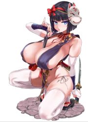 1girl animated asanagi between_breasts black_hair blue_eyes bow breasts bridal_gauntlets condom covered_erect_nipples fox_mask full_body hair_bow hairband highres holding holding_condom holding_pregnancy_test holding_sword holding_weapon huge_breasts japanese_clothes katana kunai live2d lk_(lk00) mask ninja onazuki_kaede original paid_reward_available panties pregnancy_test red_bow red_hairband short_hair side-tie_panties sideboob simple_background skindentation solo squatting stirrup_legwear sword tagme thighhighs toeless_legwear underwear used_condom video weapon white_background white_panties white_thighhighs