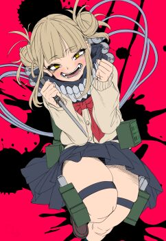 Rule 34 | 1girl, black skirt, blonde hair, boku no hero academia, brown shoes, clenched hands, commentary request, double bun, fangs, hair bun, highres, holding, holding knife, knife, looking at viewer, open mouth, shoes, skirt, smile, solo, sweater, teeth, thick thighs, thigh strap, thighhighs, thighs, toga himiko, yana (nekoarashi), yellow eyes