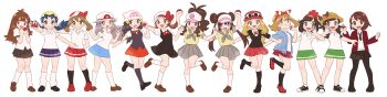 6+girls absurdres alternate_costume antenna_hair arm_behind_back arm_up bandana baseball_cap beanie black_dress black_eyes black_hair black_necktie black_shirt black_shoes black_skirt black_socks black_vest blonde_hair blue_eyes blue_hair blue_jacket blue_skirt blush blush_stickers bow bowtie braid breast_pocket breasts bright_pupils brown_eyes brown_hair brown_hat brown_shoes clenched_hand clone closed_mouth collared_shirt cosplay dawn_(pokemon) derivative_work double_bun dress everyone eye_contact eyewear_on_head flat_chest flat_color flower full_body gloria_(pokemon) green_(pokemon) green_skirt grey_eyes grey_hair grey_neckerchief grey_sailor_collar grey_skirt hair_bun hair_tie hairband hand_up hands_up happy hat hat_bow hat_flower heel_up highres hilda_(pokemon) holding holding_poke_ball jacket kneehighs knees_together_feet_apart kris_(pokemon) lass_(pokemon) lass_(pokemon)_(cosplay) lass_(pokemon_bw) lass_(pokemon_dppt) lass_(pokemon_frlg) lass_(pokemon_gsc) lass_(pokemon_hgss) lass_(pokemon_oras) lass_(pokemon_rgby) lass_(pokemon_rse) lass_(pokemon_sm) lass_(pokemon_swsh) lass_(pokemon_xy) leaf_(pokemon) leg_up long_hair long_image long_sleeves looking_at_another looking_at_viewer looking_to_the_side lyra_(pokemon) matching_hair/eyes may_(pokemon) medium_hair miniskirt multiple_girls neckerchief necktie newsboy_cap nintendo open_clothes open_jacket open_mouth outstretched_arm outstretched_arms own_hands_together pantyhose pinafore_dress pink_headwear pleated_skirt pocket poke_ball poke_ball_(basic) poke_ball_symbol poke_ball_theme pokemon pokemon_bw pokemon_bw2 pokemon_dppt pokemon_frlg pokemon_gsc pokemon_hgss pokemon_lgpe pokemon_oras pokemon_rse pokemon_sm pokemon_swsh pokemon_usum pokemon_xy ponytail pumpkinpan red_bandana red_bow red_bowtie red_flower red_hairband red_hat red_jacket red_shoes red_skirt rosa_(pokemon) sailor_collar school_uniform selene_(pokemon) serafuku serena_(pokemon) shirt shoes short_hair short_necktie short_sleeves sidelocks simple_background skirt sleeveless sleeveless_dress small_breasts smile socks split_mouth standing standing_on_one_leg straw_hat sunglasses swim_cap teeth traditional_bowtie twin_braids twintails v-shaped_eyebrows vest visor_cap white-framed_eyewear white_background white_hat white_pupils white_shirt white_socks wide_image yellow_hat yellow_shirt