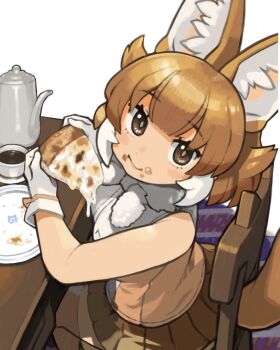 1girl animal_ear_fluff animal_ears bow bowtie brown_eyes brown_hair carpet chair coffee coffee_pot commentary_request dhole_(kemono_friends) eating female_focus food food_on_face gloves highres kemono_friends kemono_friends_3 multicolored_hair pizza plate pleated_skirt rinx shirt sitting skirt sleeveless sleeveless_shirt solo tail two-tone_hair white_background
