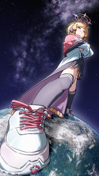 Rule 34 | 1girl, :3, absurdres, alternate footwear, animal ear headphones, animal ears, black skirt, black thighhighs, blonde hair, blue archive, blush, bow, cat ear headphones, cat ears, chinese commentary, closed mouth, coat, commentary request, crossed arms, earth (planet), fake animal ears, foreshortening, frilled coat, frills, from below, giant, giantess, hair bow, halo, headphones, highres, hood, hood down, hooded coat, legs apart, long sleeves, low-tied sidelocks, momoi (blue archive), multicolored coat, open clothes, open coat, pink coat, pink eyes, pink halo, planet, red bow, shanqianqian 317, shoes, short hair, sidelocks, skirt, smile, sneakers, solo, space, standing, thighhighs, two-sided coat, two-sided fabric, white coat, white shoes