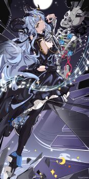 1girl absurdres arknights bang_dream! bang_dream!_it&#039;s_mygo!!!!! black_boots black_dress black_gloves black_horns black_ribbon blue_hair boots closed_mouth commentary_request crescent curled_horns dancing dress floating_stairs full_body full_moon gloves hair_ribbon highres horn_ornament horn_ring horns long_hair looking_at_viewer looking_back moon musical_note musical_staff night night_sky ribbon sidelocks skeleton sky standing star_(sky) threat_(pixiv58804205) togawa_sakiko togawa_sakiko_(master_of_melodia) two_side_up yellow_eyes