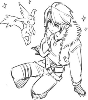 Rule 34 | 1boy, belt, carbuncle (final fantasy), commentary request, creature, cropped legs, final fantasy, final fantasy viii, floating, forehead jewel, foreshortening, from above, fur-trimmed jacket, fur trim, gloves, invisible chair, jacket, jewelry, light smile, long sleeves, looking at another, lowres, male focus, monochrome, multiple belts, necklace, pants, sitting, sketch, sparkle, squall leonhart, thigh belt, thigh strap, u-min, upper body, v-neck