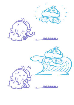 Rule 34 | 1girl, ahoge, from behind, gameplay mechanics, gen 5 pokemon, hex maniac (pokemon), hex maniac (pokemon xy), highres, holding, holding poke ball, jellicent, jellicent (male), john (a2556349), messy hair, nintendo, one-piece swimsuit, poke ball, pokemon, pokemon (creature), pokemon move, pokemon xy, sweatdrop, swimsuit, tidal wave