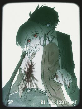 Rule 34 | 2boys, :d, absurdres, akinashi haru, axe, blackseek, blood, blood from mouth, blood on axe, blood on clothes, chinese commentary, commentary request, corpse, cowboy shot, crazy, death, fake screenshot, highres, holding another's wrist, limp wrist, looking at viewer, looking up, male focus, multiple boys, murder, open mouth, parted lips, saihate eki, smile, stab, tatsunami shion