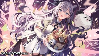1girl black_bow bow candle cone_hair_bun copyright_notice cropped_jacket double_bun dress earrings grey_eyes grey_hair hair_bow hair_bun highres holding holding_plate hololive jacket jewelry long_hair milestone_celebration open_mouth plate pleated_dress rokusketch smile thigh_strap vestia_zeta vestia_zeta_(1st_costume) virtual_youtuber white_dress white_jacket