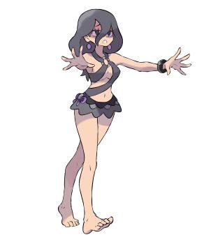 Rule 34 | 1girl, absurdres, bags under eyes, barefoot, bikini, breasts, commentary, earrings, english commentary, feet, hairband, hex maniac (pokemon), hex maniac (pokemon legends: z-a), highres, jewelry, large breasts, large earrings, messy hair, nintendo, pokemon, pokemon legends: z-a, purple eyes, purple hairband, purple nails, rgreywind, sphere earrings, swimsuit, toes