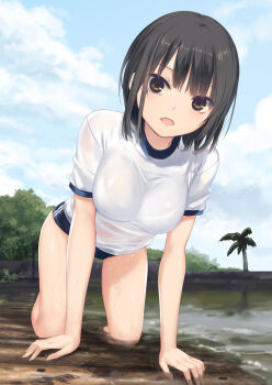 1girl aoyama_sumika black_hair blue_buruma blue_sky bra_visible_through_clothes breasts brown_eyes buruma cloud coffee-kizoku day gym_shirt gym_uniform highres medium_breasts mud original outdoors palm_tree see-through_clothes see-through_shirt shirt short_hair sky solo t-shirt tree wet wet_clothes white_shirt