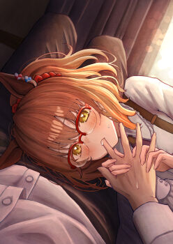 1boy 1girl animal_ears aston_machan_(umamusume) blush breasts brown_hair commentary_request curtains finger_to_mouth glasses green_eyes highres holding_hands horse_ears lap_pillow large_breasts looking_at_viewer pants pov pov_hands shiroiro_en solo solo_focus umamusume window