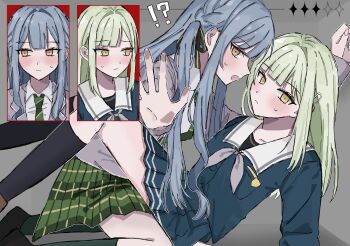 !? 2girls absurdres bang_dream! bang_dream!_it&#039;s_mygo!!!!! between_legs black_ribbon blue_hair blue_shirt blue_skirt blush closed_mouth collared_shirt commentary_request green_hair green_skirt grey_background grey_jacket hair_ornament hair_ribbon hairclip hanasakigawa_school_uniform haneoka_school_uniform highres inot17 jacket long_hair multiple_girls open_mouth plaid_clothes plaid_skirt pleated_skirt ribbon sailor_collar school_uniform shirt skirt stuck_in_a_box sweat togawa_sakiko two_side_up wakaba_mutsumi white_sailor_collar white_shirt yellow_eyes yuri