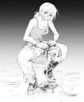 1girl absurdres bang_dream! bang_dream!_it&#039;s_mygo!!!!! blood breasts chinese_commentary cleavage commentary_request fish greyscale highres low_ponytail lu_bian_de_yecao_zai_changge misumi_uika monochrome pants ponytail short_ponytail solo twintails