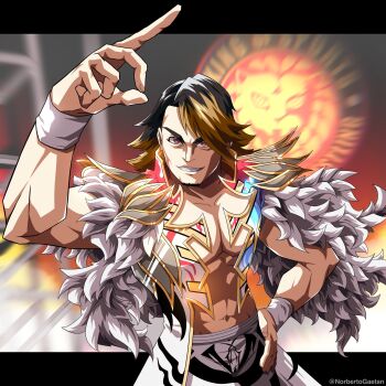 1boy black_hair brown_hair commentary company_logo english_commentary facial_hair goatee grin hand_on_own_hip highres looking_at_viewer male_focus medium_hair multicolored_hair muscular muscular_male new_japan_pro_wrestling norbertogaetan pointing pointing_up red_eyes smile solo tanahashi_hiroshi twitter_username two-tone_hair upper_body wrestler wrestling_outfit wristband