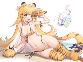 1girl animal_ears animal_hands animal_print beach bikini blonde_hair breasts colored_inner_hair commentary_request gloves ju_fufu long_hair looking_at_viewer micro_bikini multicolored_hair navel nipples ocean paw_gloves shep_(user_uzrg8474) simple_background small_breasts solo stomach swimsuit tiger_ears tiger_girl tiger_print two-tone_hair white_background white_hair yellow_bikini yellow_gloves yellow_theme zenless_zone_zero