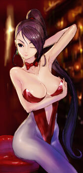 1girl absurdres armpits bare_shoulders bow bow_choker breast_hold breasts center_opening choker dragon_quest dragon_quest_xi earrings female_focus hair_over_one_eye hayami_yuujirou highres jewelry large_breasts lips long_hair martina_(dq11) mole mole_on_breast one_eye_closed pantyhose playboy_bunny ponytail puff_puff purple_eyes purple_hair purple_pantyhose solo very_long_hair