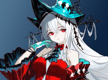 1girl ampatit angelfish aqua_gloves aqua_hat arknights ascot bare_shoulders black_ascot black_ribbon blue_background bracelet breasts closed_mouth clothing_cutout detached_sleeves dress fish gloves gradient_background hair_between_eyes hair_ornament hair_ribbon hat highres jewelry leg_ribbon long_hair long_sleeves looking_at_viewer off-shoulder_dress off_shoulder official_alternate_costume portrait red_dress red_eyes red_sleeves ribbon simple_background skadi_(arknights) skadi_the_corrupting_heart_(arknights) solo tropical_fish very_long_hair white_hair