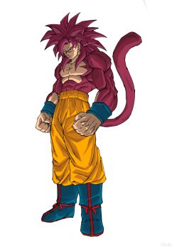 Rule 34 | 1boy, absurdres, blue boots, body fur, boots, clenched hands, commentary request, dragon ball, dragon ball daima, full body, gomadang0417, highres, medium hair, monkey tail, muscular, muscular male, orange pants, pants, red eyes, red fur, red hair, red tail, simple background, solo, son goku, spiked hair, super saiyan, super saiyan 4, tail, topless male, white background