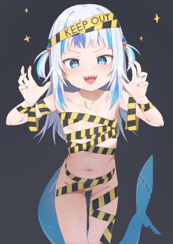 1girl absurdres blue_eyes blue_hair blue_nails blue_streaks blunt_bangs caution_tape claw_pose collarbone commentary cowboy_shot fins fish_tail flat_chest gawr_gura grey_background hair_ornament highres hololive hololive_english keep_out loli long_hair looking_at_viewer multicolored_hair naked_tape navel official_alternate_costume onion_(tamanegi) open_mouth paid_reward_available shark_girl shark_hair_ornament shark_tail sharp_teeth simple_background smile solo sparkle streaked_hair tail teeth two-tone_hair two_side_up upper_teeth_only v-shaped_eyebrows virtual_youtuber white_hair