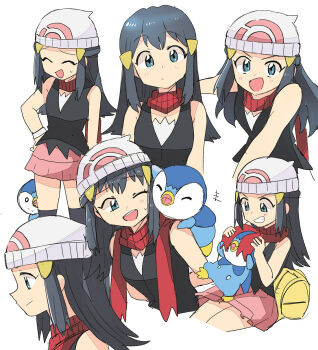 1girl bag beanie black_hair black_shirt black_socks blue_eyes blush bracelet closed_eyes closed_mouth covering_another's_eyes creature creature_on_shoulder cropped_legs cropped_torso dawn_(pokemon) eyelashes from_side gen_4_pokemon hair_ornament hairclip hand_on_own_hip hat highres jewelry long_hair looking_at_another looking_at_viewer multiple_views nintendo no_headwear on_shoulder one_eye_closed open_mouth pink_skirt piplup pokemon pokemon_(creature) pokemon_dppt print_headwear profile red_scarf scared scarf shirt sidelocks simple_background sitting skirt sleeveless sleeveless_shirt small_sweatdrop smile socks teeth tsubobot white_background white_hat yellow_bag