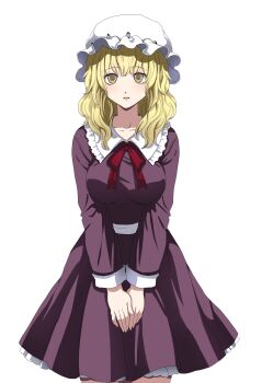 Rule 34 | 1girl, absurdres, blonde hair, bow, bowtie, collar, collared dress, commentary request, corpse party (style), cowboy shot, dress, frilled collar, frilled dress, frills, hat, highres, kuya (hey36253625), long sleeves, looking at viewer, maribel hearn, mob cap, own hands together, parted lips, purple dress, red bow, red bowtie, sash, simple background, solo, standing, straight-on, touhou, waist ribbon, waist sash, white background, white hat, yellow eyes