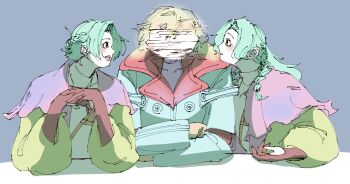 Rule 34 | 1boy, 1girl, 1han, alien, black background, blonde hair, closed eyes, evil smile, fingerless gloves, gloves, gnosia, hair ornament, hairclip, happy megchan, highres, meme, red eyes, setsu (gnosia), short hair, smile, tagme, yuri (gnosia)