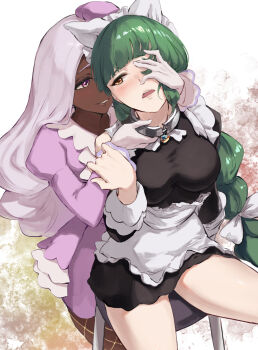 2girls apron blush bow braid breasts commentary_request dark-skinned_female dark_skin dress fishnet_pantyhose fishnets gloves green_hair hair_bow hand_on_another&#039;s_face hands_up hat highres interracial jacinthe_(pokemon) jojobirdz lebanne_(pokemon) long_hair long_sleeves multiple_girls nintendo open_mouth pantyhose pokemon pokemon_legends:_z-a puffy_sleeves purple_dress purple_eyes purple_hat smile teeth upper_teeth_only white_apron white_bow white_gloves yuri