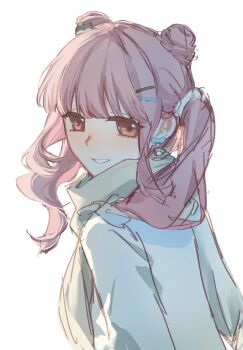 Rule 34 | 1girl, blue bow, blunt bangs, bow, bow earrings, brown eyes, chinese commentary, coat, commentary request, dog hair ornament, double bun, earrings, eyelashes, grin, guardian floof (infinity nikki), hair bun, hair ornament, hair over shoulder, hair scrunchie, hairclip, happy, highres, infinity nikki, jewelry, light blush, long hair, long sleeves, looking at viewer, looking back, nikki (nikki), nikki (series), parallel hairclips, paw earrings, pink hair, scarf, scrunchie, simple background, smile, solo, twintails, upper body, wavy hair, white background, white coat, white scrunchie, winter clothes, xunxuntoufanshou, yellow scarf