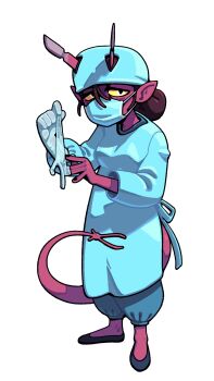 1girl breasts colored_skin demon demon_girl demon_horns demon_tail discount-supervillain doctor full_body gloves highres horns mask medical_scrubs mouth_mask original pointy_ears red_skin scalpel shoes solo standing surgeon tail