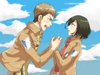 1boy 1girl affair bad_tag betrayal black_hair blush brown_hair cheating_(relationship) cloud disgrace disgust holding_hands incest infidelity jean_kirstein light_brown_hair looking_at_another mikasa_ackerman military military_uniform multicolored_hair netorare netorase open_mouth out_of_character scarf shingeki_no_kyojin short_hair sky surprised sweatdrop trash two-tone_hair unfaithful