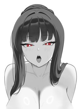1girl bare_shoulders black_hair blue_archive blunt_bangs blush braid braided_bun breasts bright_pupils cleavage collarbone commentary english_commentary hair_bun highres implied_nudity kanghak large_breasts long_hair looking_at_viewer open_mouth partially_colored red_eyes rio_(blue_archive) solo white_pupils