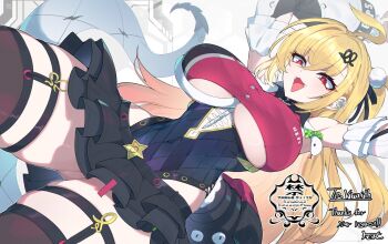 Rule 34 | 1girl, ahoge, arms up, bare shoulders, black skirt, blonde hair, breasts, brown thighhighs, chalky (zenless zone zero), cissia (zenless zone zero), commentary, commentary request, commission, cowboy shot, detached sleeves, english commentary, gluteal fold, grey background, hair between eyes, hair ornament, hairclip, highres, large breasts, long hair, matsumoto tomoyohi, miniskirt, mixed-language commentary, open mouth, pom pom (clothes), pom pom hair ornament, red eyes, skeb commission, skirt, snake, snake girl, snake tail, tail, thighhighs, underboob, white snake, zenless zone zero