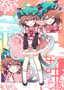 1girl :o ? @_@ absurdres animal_ears black_shoes blush bright_pupils brown_eyes brown_hair cat_ears cat_tail chen closed_eyes closed_mouth commentary dress frilled_dress frills full_body green_hat hat highres long_sleeves looking_at_viewer mob_cap multiple_tails multiple_views neck_ribbon open_mouth qr_code red_dress red_ribbon ribbon shirocha_tei shoes short_hair socks standing symbol-only_commentary tail tongue tongue_out touhou twitter_username two_tails v-shaped_eyebrows watermark white_pupils white_socks
