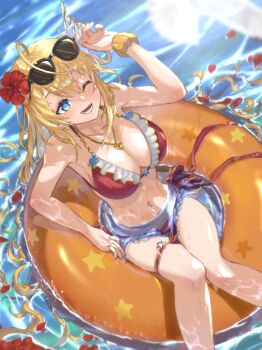 Rule 34 | 1girl, ahoge, battle spirits, bikini, blonde hair, blue eyes, breasts, cleavage, commentary request, eyewear on head, flower, from above, hair flower, hair ornament, hair rings, hibiscus, jewelry, large breasts, long hair, navel, necklace, ocean, on innertube, one eye closed, open mouth, petals, red bikini, red petals, rei ooba, smile, solo, star (symbol), star print, sunglasses, swimsuit, teeth, thigh strap, ve 0ekaki