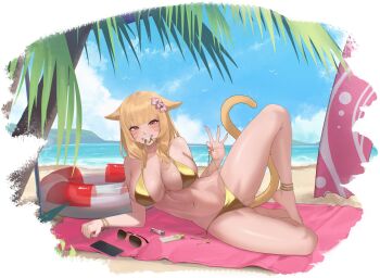 1girl animal_ears anklet ass barefoot beach beach_towel beach_umbrella bikini bikini_bottom_lift bikini_in_mouth bikini_top_lift bird blonde_hair blue_sky blunt_bangs border bracelet breasts cat_ears cat_girl cat_tail cellphone cleavage clothes_in_mouth clothes_lift cloud cloudy_sky commentary commission english_commentary final_fantasy final_fantasy_xiv full_body gold_bikini highres jewelry knee_up kobi420 large_breasts lifebuoy long_hair looking_at_viewer lying miqo'te mizu_fei navel ocean on_side open_mouth orange_eyes original outdoors palm_tree phone shiny_skin sidelocks sky slit_pupils smartphone smile solo sunglasses surfboard swim_ring swimsuit tail teeth too_many too_many_birds towel tree umbrella unworn_eyewear warrior_of_light_(ff14) white_border yellow_tail