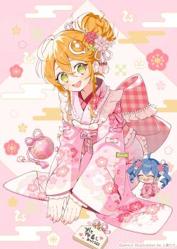 2girls :d ahoge amiami_(company) amico back_bow bilingual_commentary blush blush_stickers bow chibi closed_eyes commentary_request copyright_notice floral_print frilled_kimono frills furisode hair_bun highres japanese_clothes kimono lilco looking_at_viewer mixed-language_commentary multiple_girls obi open_mouth orange_hair pink_bow pink_kimono pink_ribbon pink_sash pink_theme ribbon sash second-party_source seiza short_hair single_hair_bun sitting smile solo_focus twintails uekura_eku unmoving_pattern