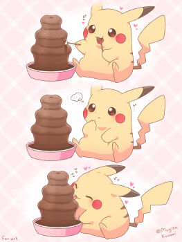Rule 34 | ..., artist name, blush, brown eyes, chocolate-covered food, chocolate fondue, chocolate fountain, chocolate strawberry, closed eyes, commentary request, eating, food, fruit, gen 1 pokemon, heart, highres, licking, marshmallow, mugita konomi, nintendo, no humans, pikachu, pink background, pokemon, pokemon (creature), sitting, speech bubble, spoken ellipsis, strawberry, thought bubble, tongue, tongue out
