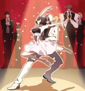 2girls 5boys bad_id bad_pixiv_id black_hair blonde_hair brown_hair chain_sumeragi clapping confetti dancing dark_skin dress eyepatch facial_hair fangs formal_clothes gilbert_f._altstein glasses gradient_background k.k._(kekkai_sensen) kekkai_sensen klaus_von_reinhertz leonardo_watch monkey multiple_boys multiple_girls mutton_chops rococolove short_hair sonic_speed_monkey steven_a._starphase suit sunglasses white_hair zap_renfro