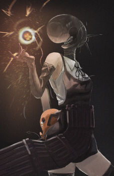 1girl absurdres apron black_apron black_gloves black_ribbon black_thighhighs bomb_devil_(chainsaw_man) chainsaw_man collared_shirt dynamite elbow_gloves explosive gloves highres neck_ribbon nua_(wfpg4322) object_head pochita_(chainsaw_man) ribbon shirt sleeveless sleeveless_shirt thighhighs white_shirt