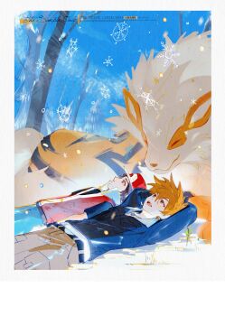 absurdres arcanine baseball_cap belt black_belt black_shirt blue_oak blue_pants blue_sky border brown_pants closed_eyes day fei_yu gen_1_pokemon hat highres looking_up lying male_focus nintendo on_back open_mouth orange_fur orange_hair pants pokemon pokemon_(creature) pokemon_frlg pokemon_hgss red_(pokemon) red_hat red_shirt shirt sky smile snow spiked_hair striped_fur tree white_border winter