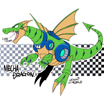1other ariga_hitoshi artist_name black_background character_name reference_sheet checkered_background commentary_request concept_art dragon flamethrower flying gradient_background highres looking_ahead mecha_dragon_(mega_man) mechanical_tail mechanical_wings mega_man_(classic) mega_man_(series) mega_man_2 no_humans no_pupils outline robot scanlines science_fiction signature solo tail weapon white_background white_outline wings