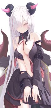 1girl absurdres bare_shoulders black_horns black_skirt black_sleeves breasts cleavage curved_horns detached_sleeves hair_over_one_eye hakusenn hashtag-only_commentary highres horns indie_virtual_youtuber kokujo_asu_(vtuber) large_breasts long_hair pink_eyes revealing_clothes simple_background skirt solo tentacles virtual_youtuber white_background white_hair