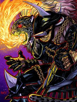 1boy animal_ears animal_head armor armor_king bloodysamoan dark-skinned_male dark_skin gloves highres jaguar jaguar_boy jaguar_ears luchador luchador_mask male_focus mask muscular muscular_male open_mouth pants pauldrons red_eyes scar spiked_pauldrons spikes tekken tekken_8 wrestling_outfit wrestling_ring