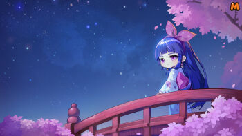 Rule 34 | arch bridge, arched bangs, artist request, ayanokouji kanna, back bow, bad source, blue hair, blue sky, blunt bangs, blush, bow, bridge, cherry blossoms, chibi, chibi only, closed mouth, cool colored, earrings, expressionless, eyelashes, falling petals, floral print, floral print bow, floral print kimono, floral print sleeves, hairband, highres, japanese clothes, jewelry, kimono, long hair, long sidelocks, long sleeves, maplestory, maplestory m, nexon, night, night sky, no nose, obi, official art, outdoors, petals, pink bow, pink eyes, pink hairband, pink petals, pink sash, print kimono, sash, second-party source, sidelocks, sky, solo, standing, star (sky), straight hair, very long hair, white sleeves, wide sleeves