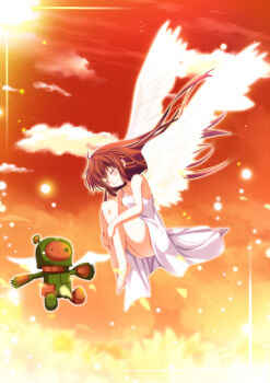 Rule 34 | 00s, 1girl, bad id, bad pixiv id, barefoot, brown hair, clannad, closed eyes, collarbone, dress, feathered wings, female focus, garbage doll, girl from the illusionary world, hugging own legs, long hair, natsumikan, okazaki ushio, smile, solo, sundress, very long hair, white dress, white wings, wings