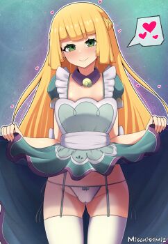 1girl artist_name blonde_hair bow bow_panties braid cameltoe closed_mouth clothes_lift cowboy_shot detached_collar dress dress_lift duplicate eyelashes female_focus garter_straps gluteal_fold green_eyes heart highres lifting_own_clothes lillie_(pokemon) lillie_(special_costume)_(pokemon) long_hair looking_at_viewer mischiefmiz nintendo official_alternate_costume outline panties pokemon pokemon_masters_ex pokemon_sun_and_moon short_sleeves side-tie_panties smile solo spoken_heart tagme thighhighs underwear white_panties white_thighhighs