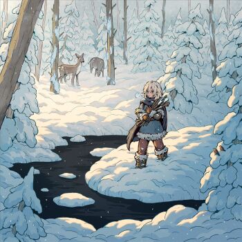 1girl blush boots branch brown_boots cape day deer forest fur-trimmed_boots fur-trimmed_gloves fur-trimmed_jacket fur_trim gloves grey_cape hair_between_eyes highres holding holding_branch jacket long_hair messy_hair nature open_mouth original outdoors pants puff_of_air red_pants snow snowing stream tree underpalewater walking water white_hair wide_shot winter winter_clothes