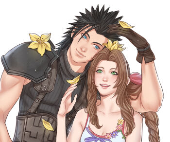 1boy 1girl aerith_gainsborough armor bare_shoulders black_hair black_sweater blue_eyes braid braided_ponytail breasts brown_gloves brown_hair cleavage closed_mouth collarbone commentary couple crisis_core:_final_fantasy_vii cross_scar crylin6 dress drill_hair drill_sidelocks facial_scar final_fantasy final_fantasy_vii flower gloves green_eyes hair_ribbon heads_together height_difference leaning_on_person leaning_to_the_side lips long_hair open_mouth parted_bangs pink_lips pink_ribbon ponytail ribbed_sweater ribbon scar scar_on_cheek scar_on_face shoulder_armor sidelocks sleeveless sleeveless_turtleneck spiked_hair sweater symbol-only_commentary turtleneck turtleneck_sweater upper_body white_background white_dress yellow_flower yellow_petals zack_fair