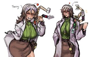 1girl antennae breasts clipboard curtsey extra_arms glasses green_sweater grey_hair highres holding holding_clipboard lab_coat large_breasts long_hair long_sleeves monitor original pinky_ring prosthesis screen sfour_s4 simple_background skirt smile solo standing sweater teasing white_background