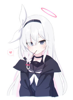 Rule 34 | 1girl, black eyes, black serafuku, blue archive, blush, food, foulo paints, halo, highres, long hair, looking at viewer, pink hair, plana (blue archive), pocky, school uniform, serafuku, simple background, solo, twitter, upper body, white background, white hair