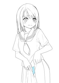 1girl absurdres blue_panties blush cowboy_shot dot_nose embarrassed frown highres lineart looking_at_viewer monochrome neckerchief negimiso1989 original panties pantyshot parted_bangs pleated_skirt sailor_collar school_uniform serafuku short_hair simple_background skirt spot_color underwear undressing white_background